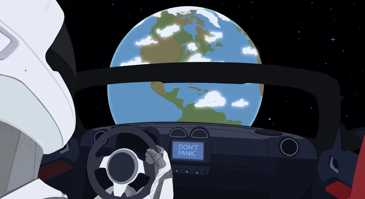Illustration of Earth seen from Starman's seat, the dashboard screen reading Don't Panic
